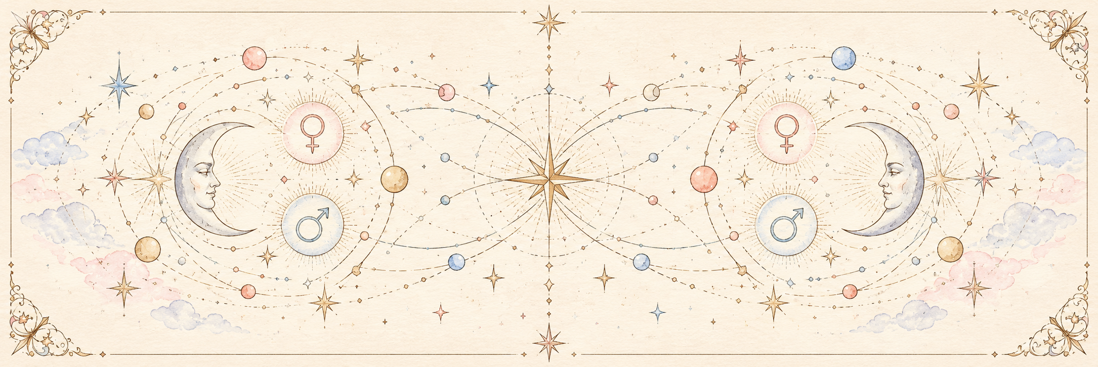 Ilustração em aquarela de duas órbitas, luas e planetas conectados